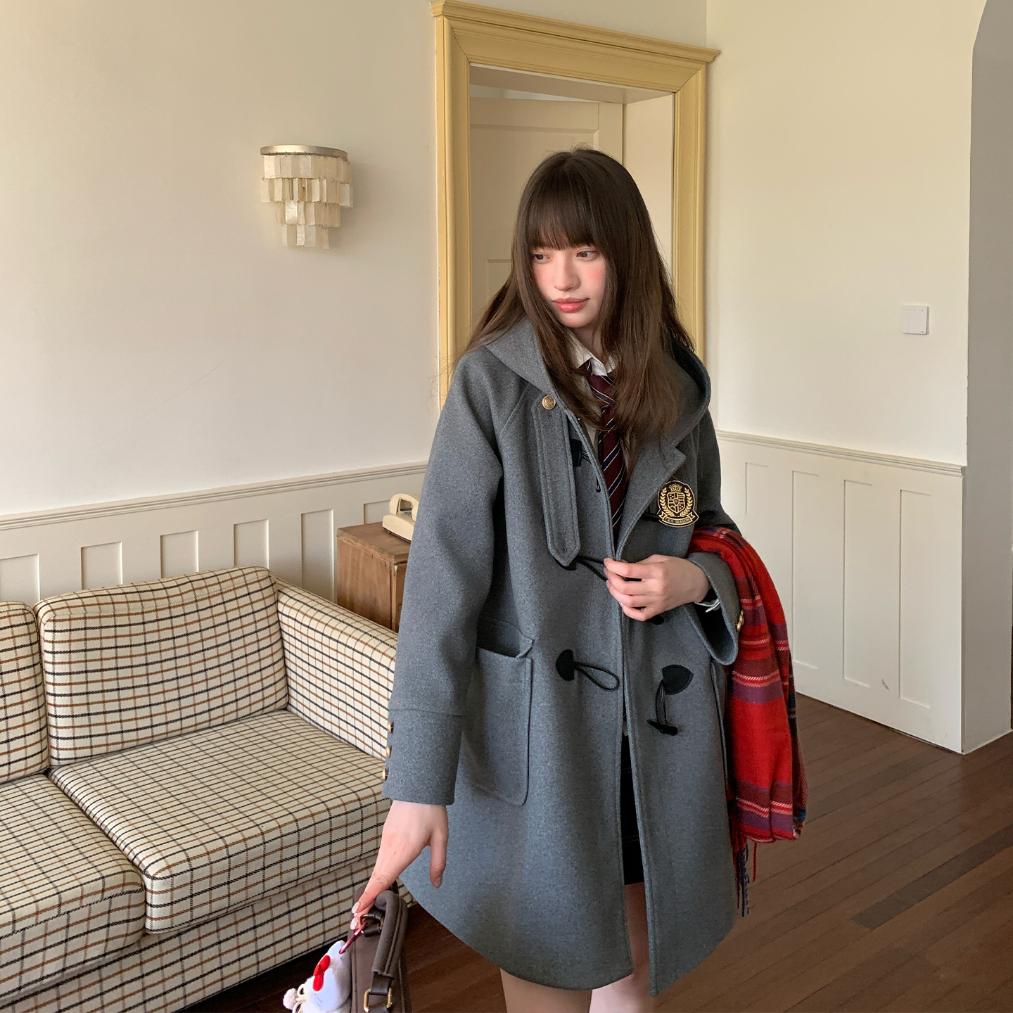 东京岁时记学院风连帽毛呢外套