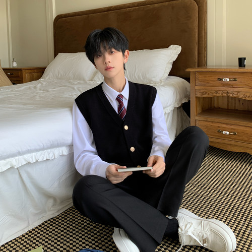 V领套头针织马甲男学院风叠穿