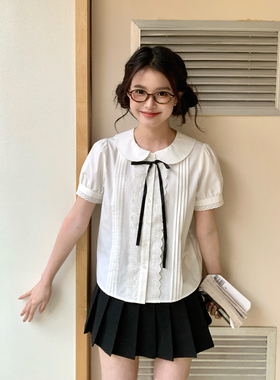 东京岁时记jk夏季可爱日系娃娃领短袖白衬衫少女甜美花边上衣套装