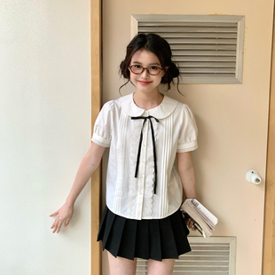 东京岁时记jk夏季可爱日系娃娃领短袖白衬衫少女甜美花边上衣套装