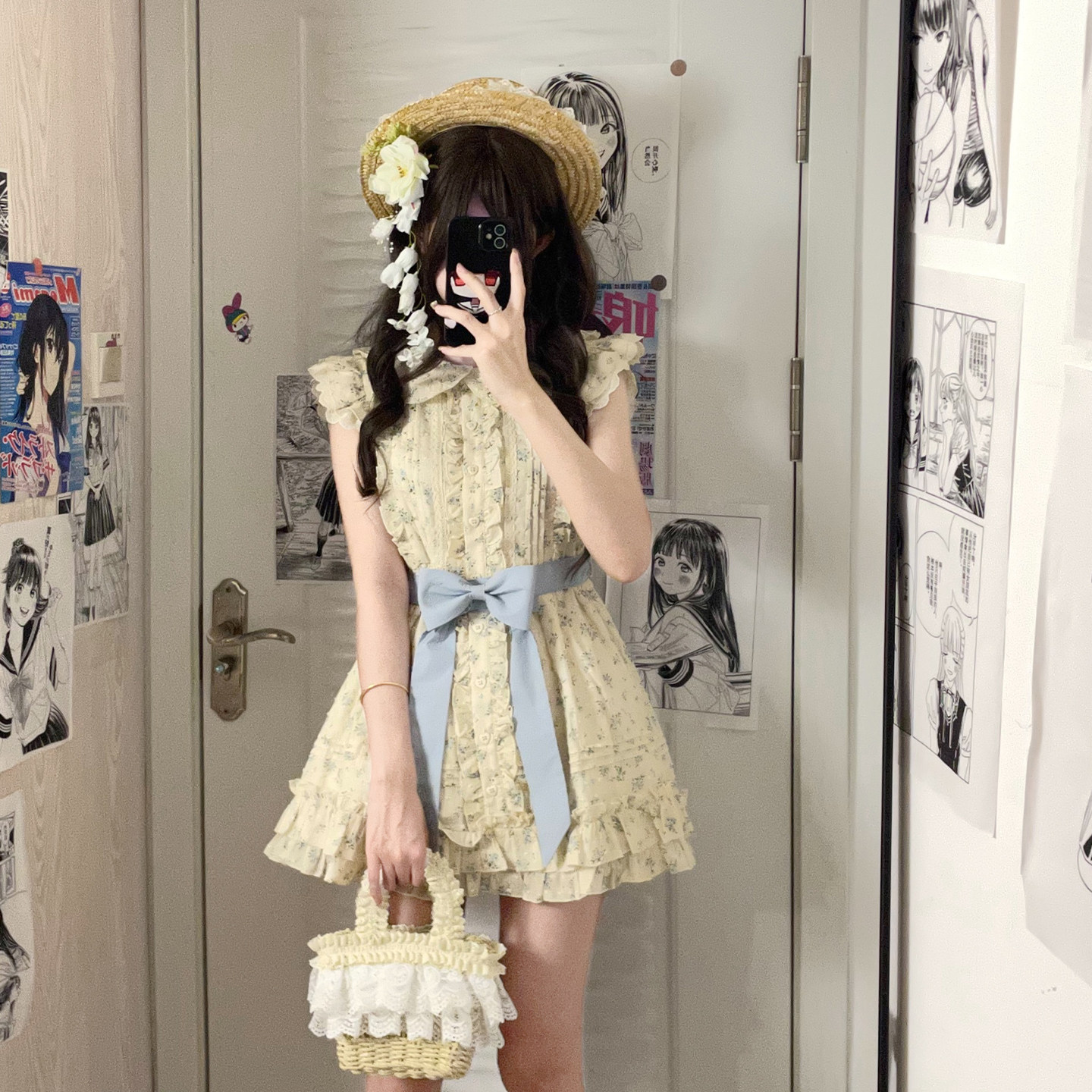 东京岁时记JK蓝色碎花连衣裙女夏小个子裙子蝴蝶结公主裙桃之夭夭