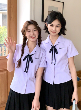 东京岁时记jk制服西装领短袖衬衫女夏学院风紫色刺绣上衣学生套装