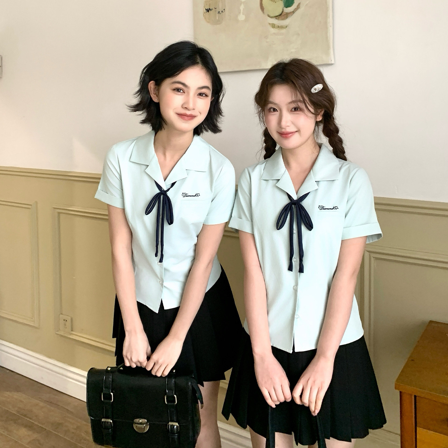 东京岁时记jk原创设计绿色短袖衬衫女夏学院风西装领学生制服套装