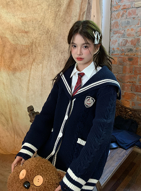 东京岁时记JK制服毛衣针织开衫外套女藏青色海军领学院风宽松慵懒