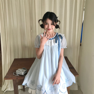 东京岁时记jk新款 连衣裙女夏小个子甜美清新海洋感娃娃裙 蓝色短袖