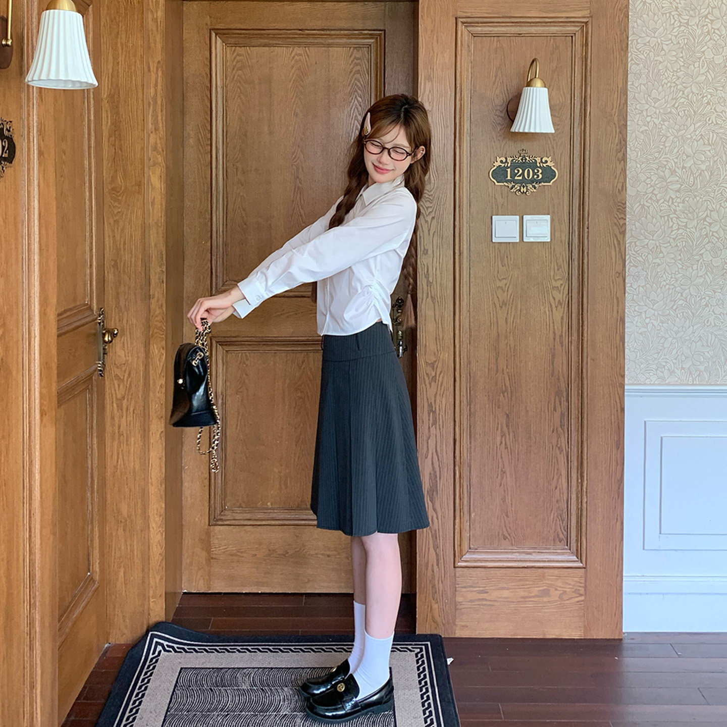 东京岁时记jk灰色中长半身裙女小个子学院风显瘦条纹压褶及膝半裙