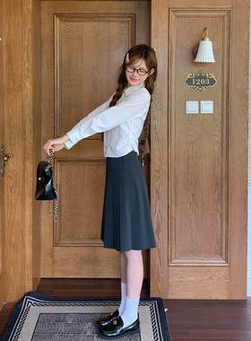 东京岁时记jk灰色中长半身裙女小个子学院风显瘦条纹压褶及膝半裙