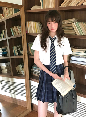 东京岁时记jk短袖衬衫女夏白色刺绣短袖修身上衣女海平线格裙套装