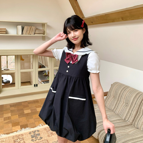 东京岁时记JK黑色花苞连衣裙女夏