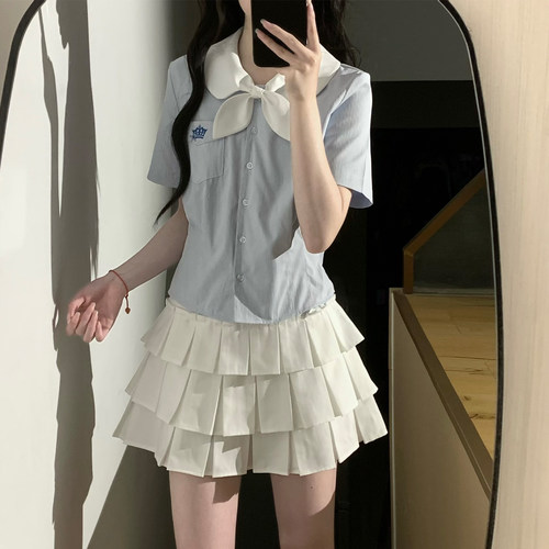 东京岁时记jk蓝色短袖衬衫女日系
