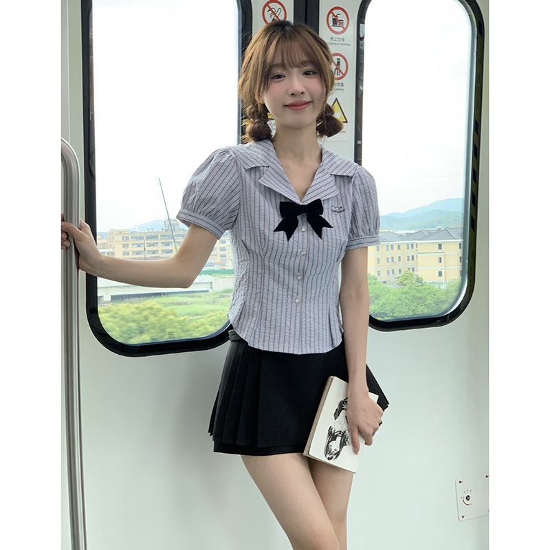 春游会甜美衬衫女减龄修身蓝色