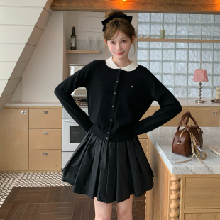 东京岁时记jk黑色单排扣毛衣开衫 女秋外套 撞色娃娃领小个子针织衫