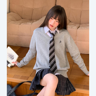 东京岁时记jk外套灰色针织V领套头毛衣女春秋宽松纯棉上衣灰野川