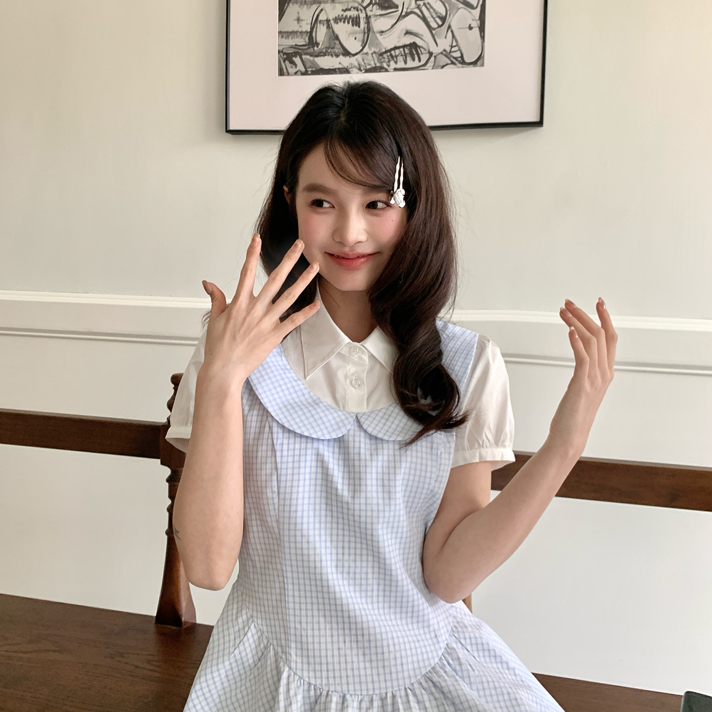 东京岁时记jk夏季新款假两件可爱蓝格连衣裙设计感甜美减龄娃娃裙