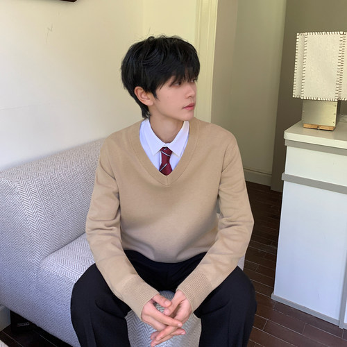 东京岁时记dk秋冬新款浅咖色V领套头毛衣男款学院风时尚针织上衣