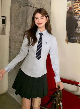 东京岁时记jk学院风蓝色长袖衬衫月华高小个子秋季纯色上衣女衬衣