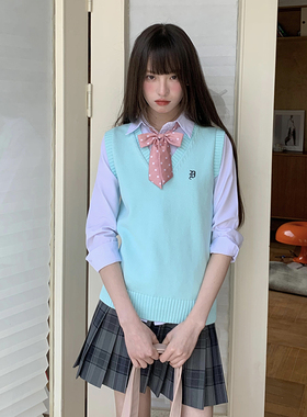 东京岁时记jk制服百褶裙叠穿水蓝色针织马甲纯棉背心学院风套装女
