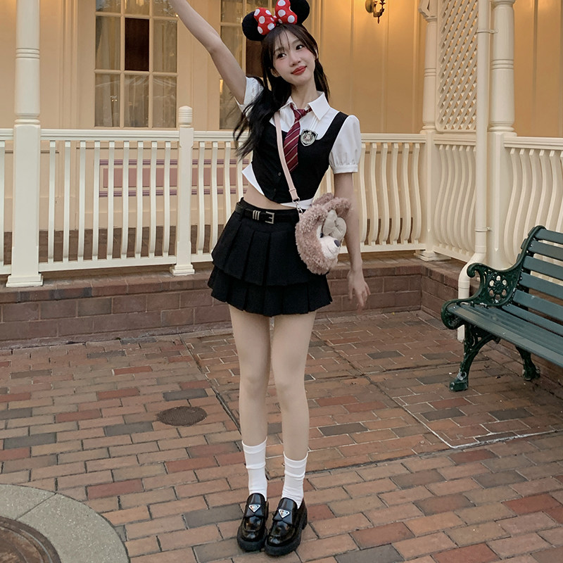 惠子小姐制服夏季半身裙女高腰黑色百褶裙小个子套装东京岁时记JK