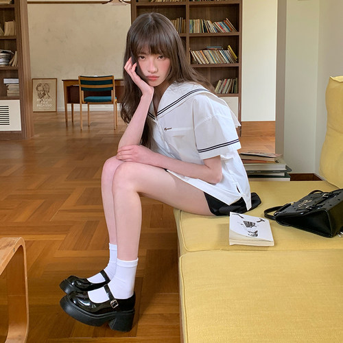 春夏新款海军领衬衫白色女修身
