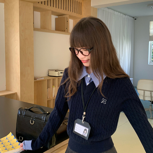 东京岁时记jk秋早春新款 假两件针织毛衣藏青色小个子学院风上衣女