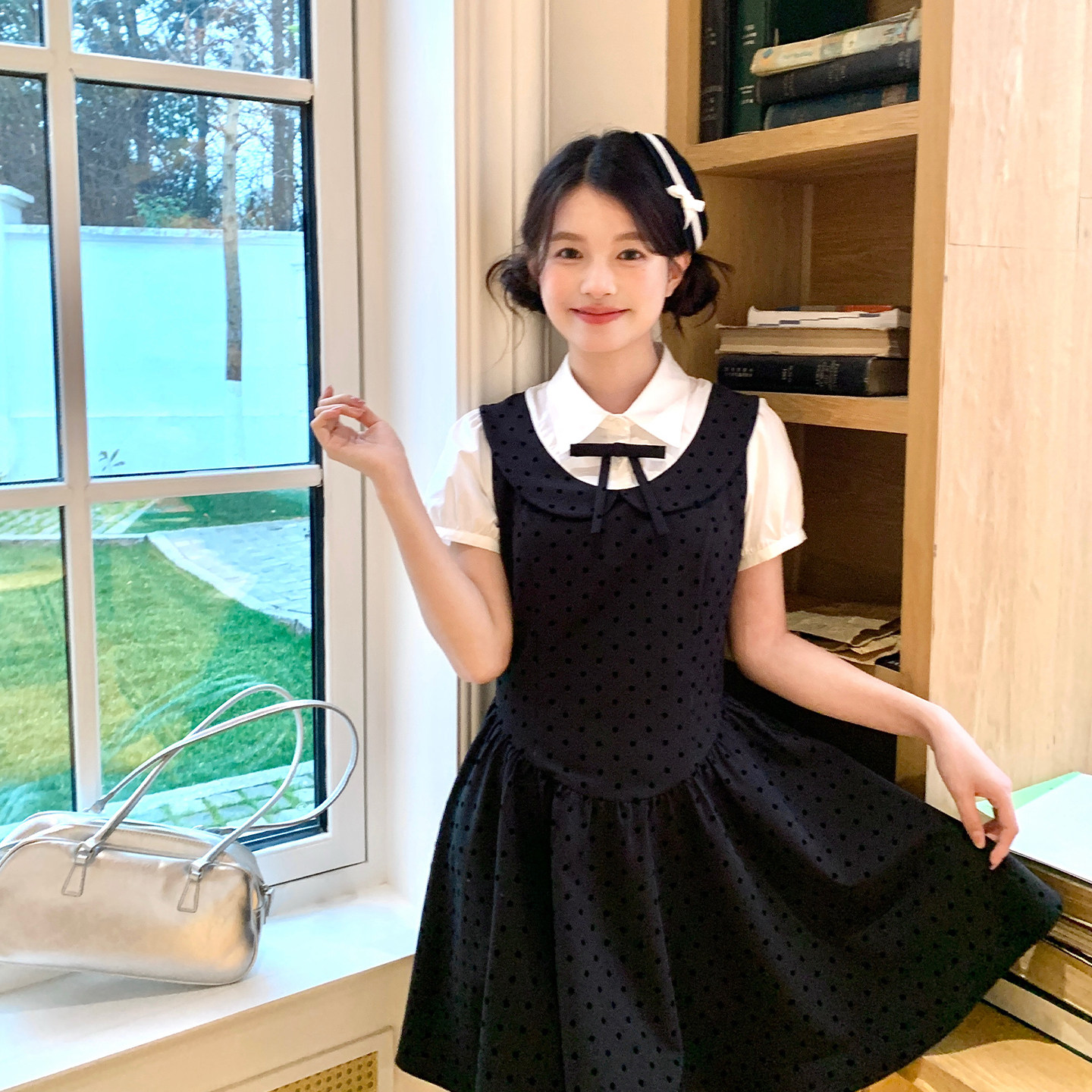 东京岁时记jk娃娃领灰色波点夏季甜美少女休闲收腰复古日常连衣裙