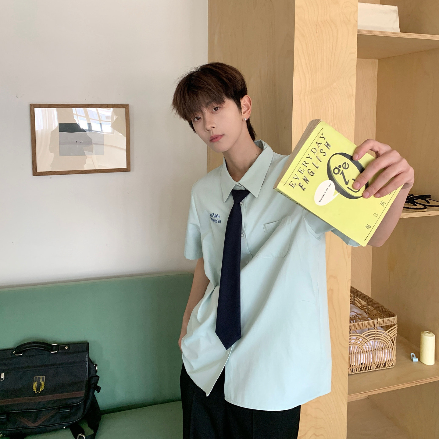 东京岁时记dk夏季学院风绿色短袖衬衫男时尚百搭正装休闲制服套装