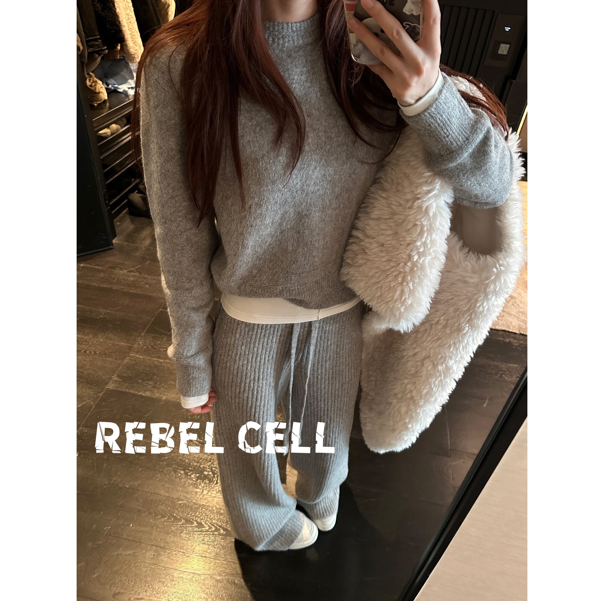 名媛千金风灰色针织套装秋