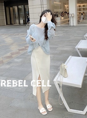 REBEL CELL法式超仙网纱拼接针织套装秋淑女白色开叉半身裙两件套