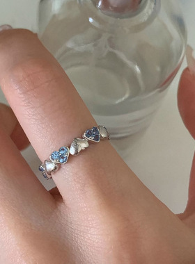 韩系小众设计蓝色爱心拉丝戒指女开口小清新夏食指戒轻奢指环