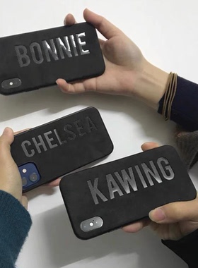 工厂直发#字母定制碳纤维翻毛贴皮硅胶软边真皮手机壳iPhone14