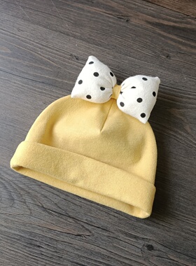 茉莉黄蝴蝶结冬双层保暖婴儿帽女宝宝纯棉保暖婴幼儿护囟门帽