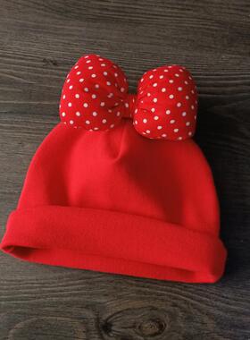 0-12月婴儿新年红色帽子冬保暖可爱女宝宝纯棉胎帽新生儿卤门帽