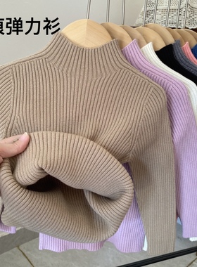 女童毛衣儿童打底衫2025秋冬新款宝宝纯色半高领无痕男孩弹力童装