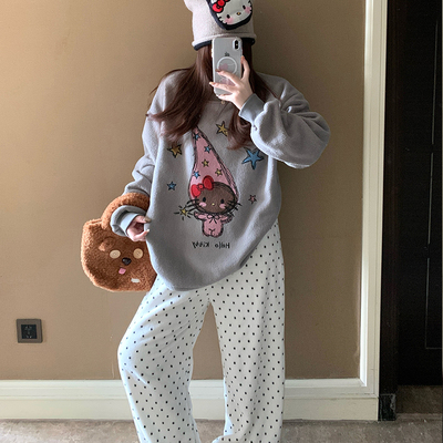 法兰绒睡衣女秋冬季加厚保暖珊瑚绒学生日韩圆领冬款家居服套装