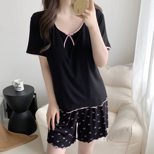 黑甜美韩系宽松夏天家居服套装 莫代尔带胸垫睡衣女款 短裤 夏季 短袖