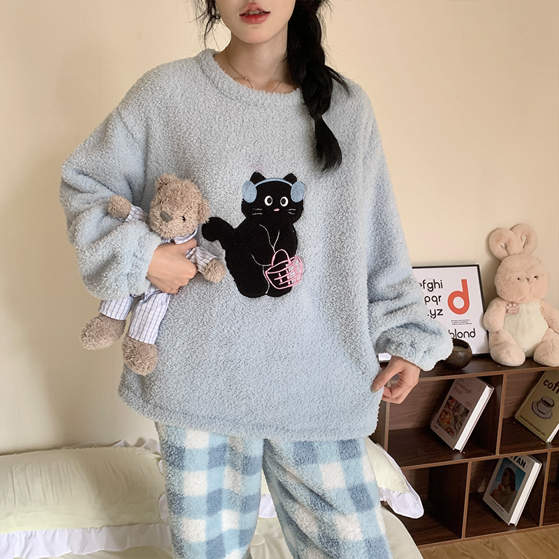 珊瑚绒睡衣女秋冬季加厚保暖圆领套头米粒绒小熊宽松家居服套装