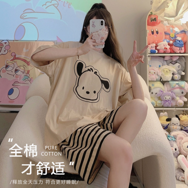 睡衣女夏季短袖短裤纯可外穿帕恰狗圆领夏天薄款棉家居服三件套装