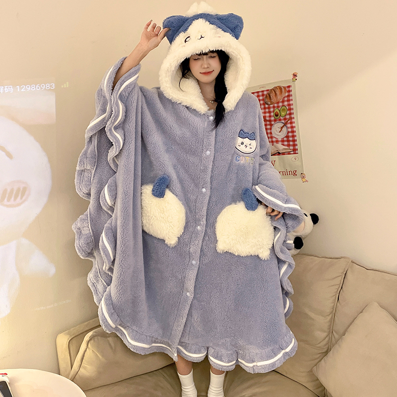 珊瑚绒睡袍女秋冬季睡衣加厚保暖连帽宽松披风卡通可爱冬款家居服