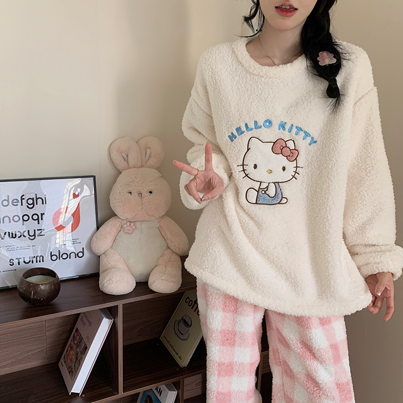 珊瑚绒睡衣女款秋冬季加厚保暖圆领套头米粒绒卡通冬款家居服套装