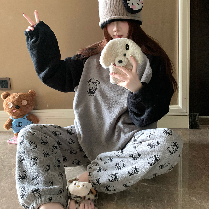 珊瑚绒睡衣女款秋冬季加厚保暖米粒绒学生日韩圆领冬款家居服套装