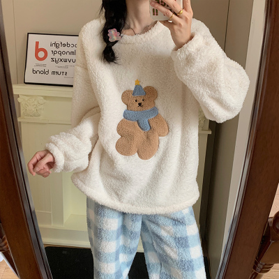 珊瑚绒睡衣女秋冬季加厚保暖圆领套头米粒绒小熊冬款家居服套装