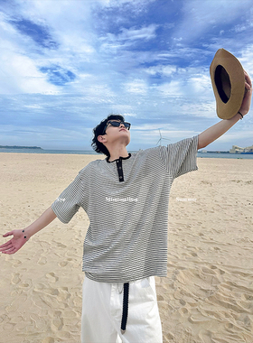 池边树/夏季简约INS风亨利领落肩男宽松休闲条纹百搭小众短袖T恤