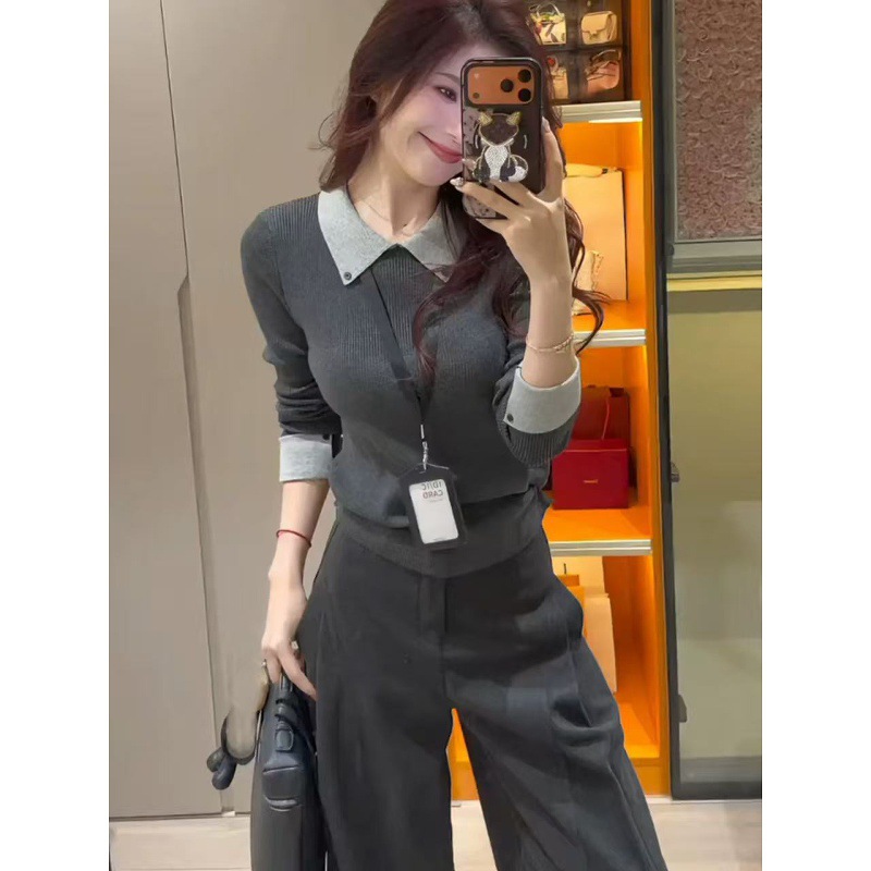 polo领假两件针织衫女韩版气质时尚显瘦打底衫OL女士上衣