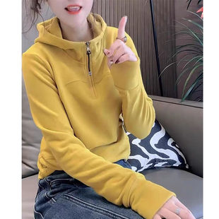 2026春秋冬半拉链双面绒连帽卫衣女新款 加厚线条设计百搭上衣 时尚