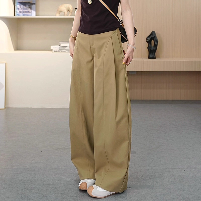 2026春夏秋新款女休闲工装卡其弯刀阔腿裤宽松潮流侧压褶贝斯裤子
