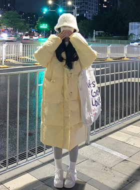 奶黄色过膝立领羽绒棉服外套女中长款冬季加棉夹棉面包服棉衣棉袄