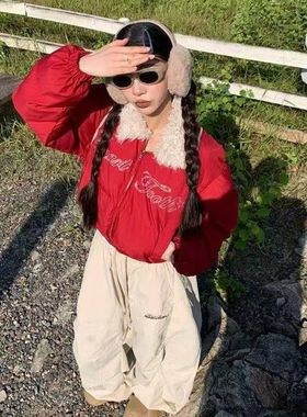 美式复古羊羔绒翻领红色羽绒棉服女2025冬季新款小个子面包服外套