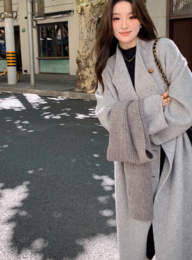 灰色双面羊绒大衣女立领2025秋冬新款气质高级感中长款羊毛呢外套