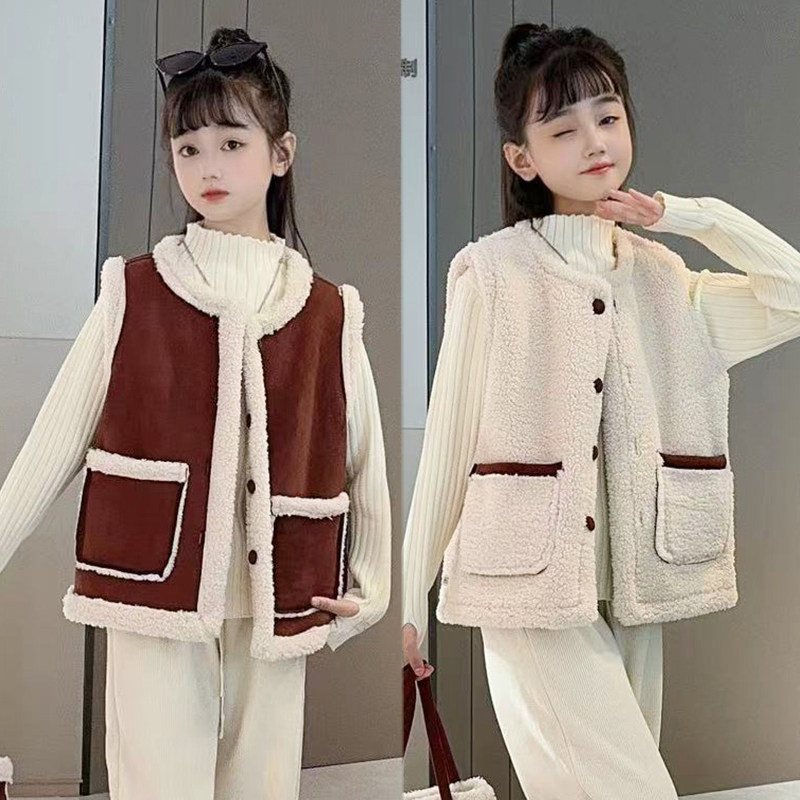 女童秋冬款慵懒港风两面穿马甲时髦洋气女孩仿羊羔绒皮毛一体背心