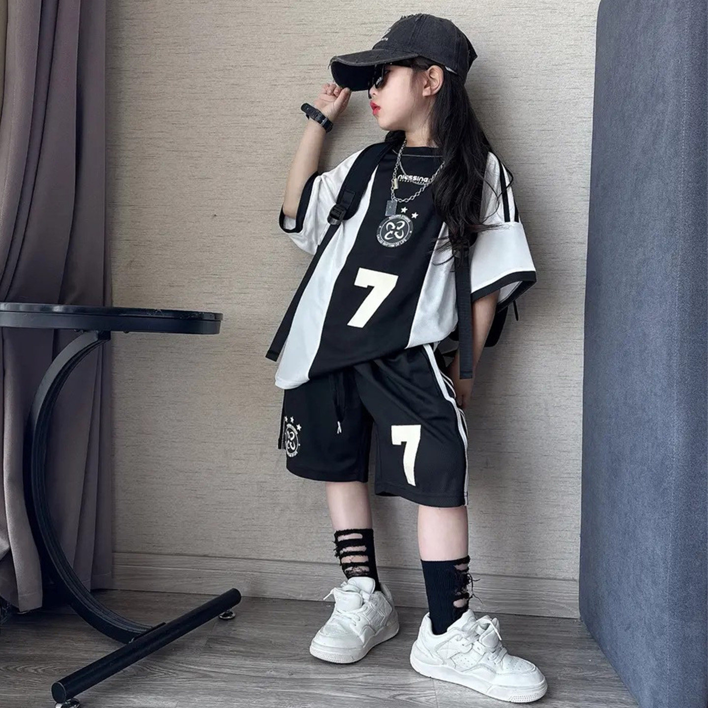 男女童潮酷黑白拼色运动风短袖短裤夏装儿童休闲凉感篮球服两件套